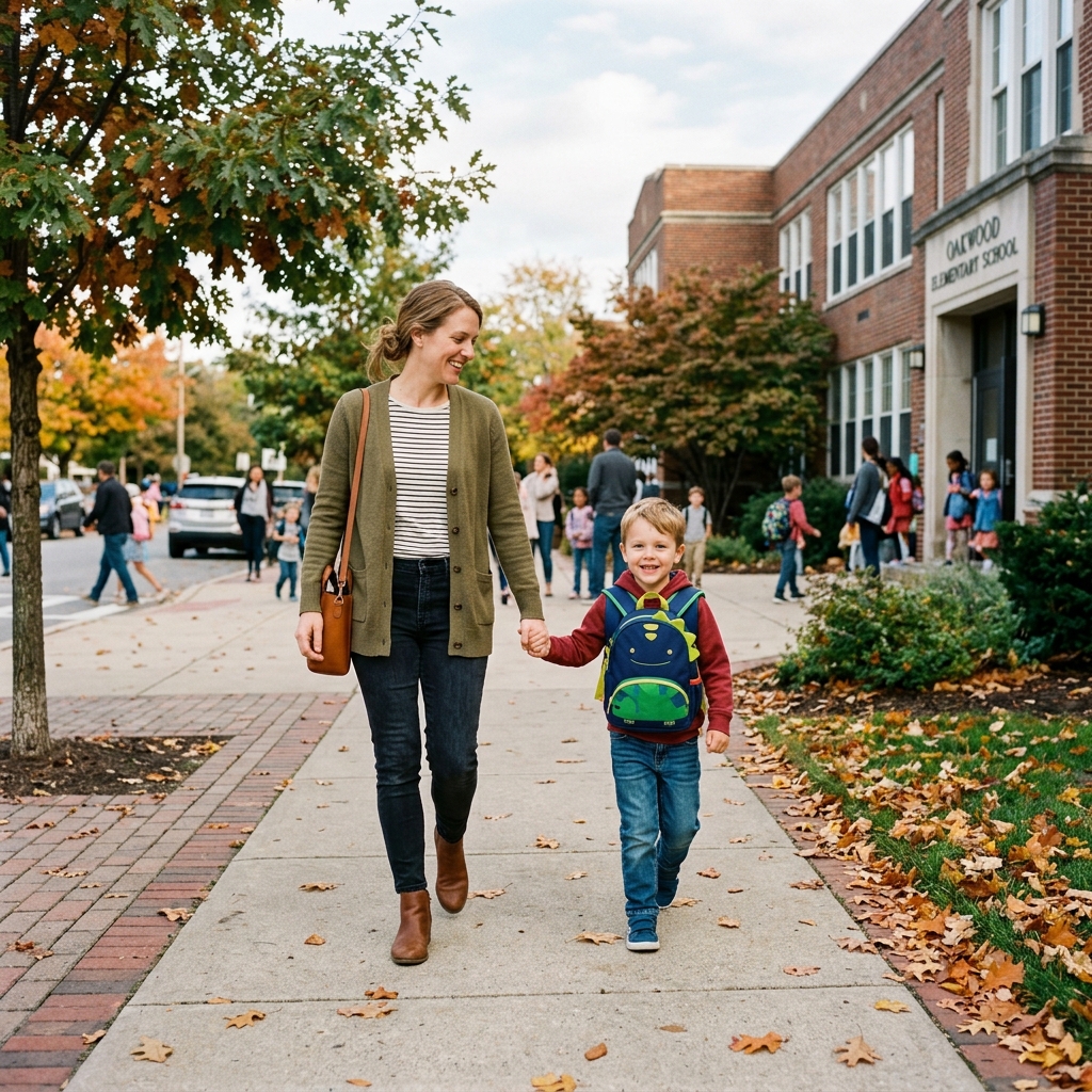 Mother and son outside school