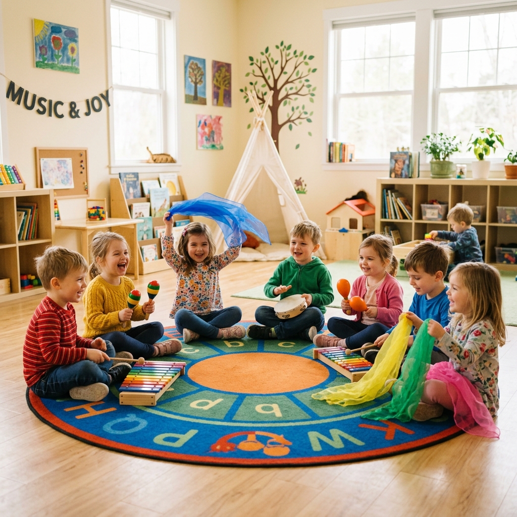 Children sitting in circle playing wooden instruments