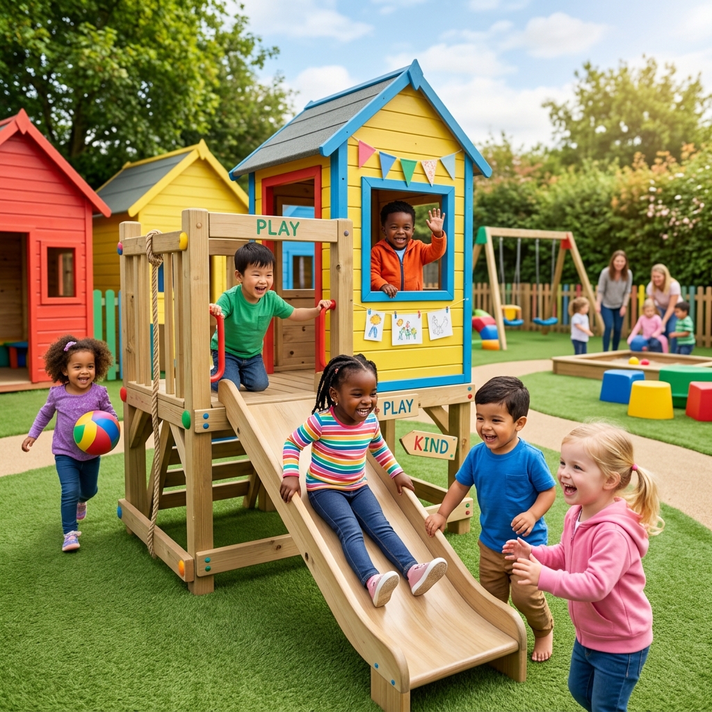 Happy nursery children playing on outdoor slides and soft turf
