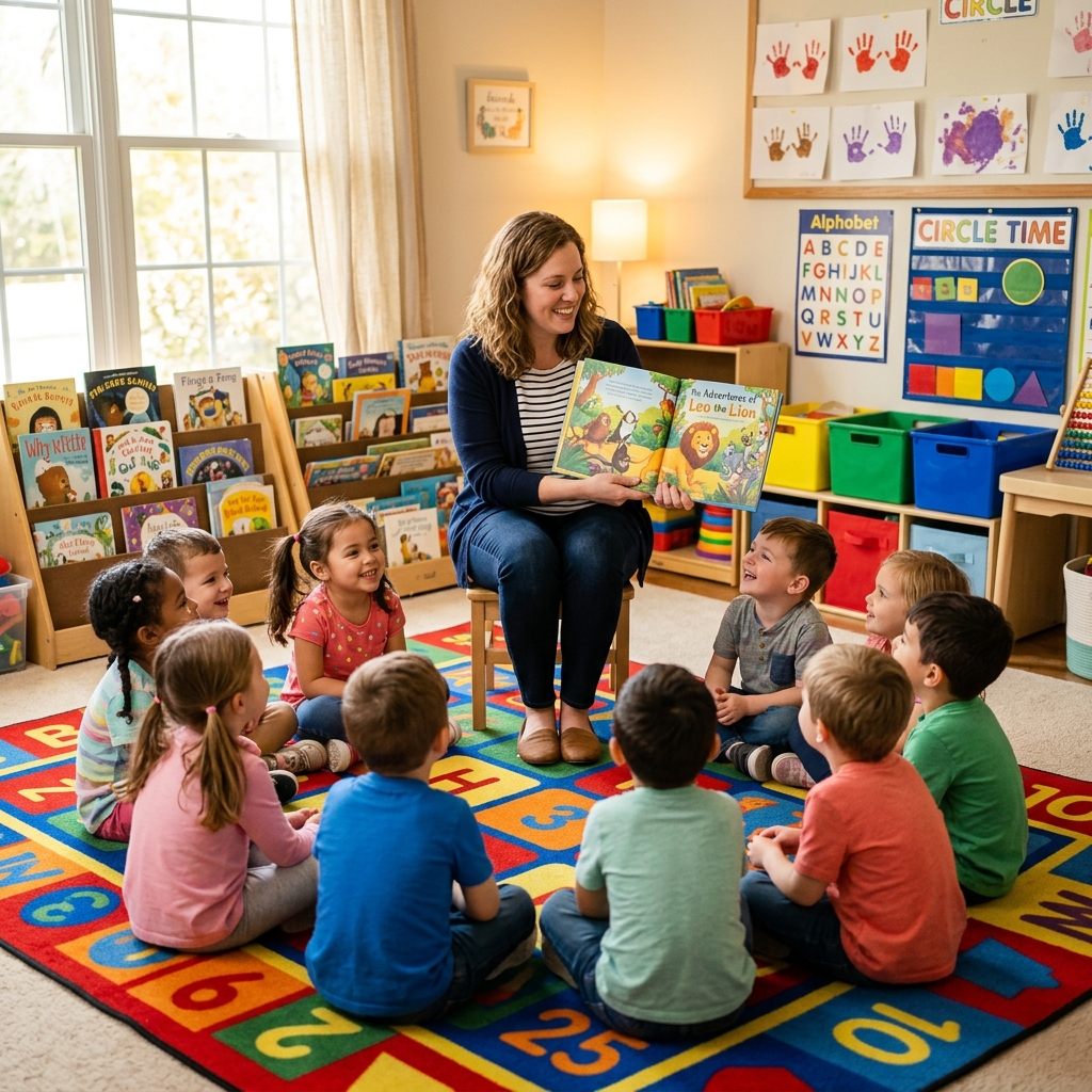 Teacher reading storybook to gathered toddler circle