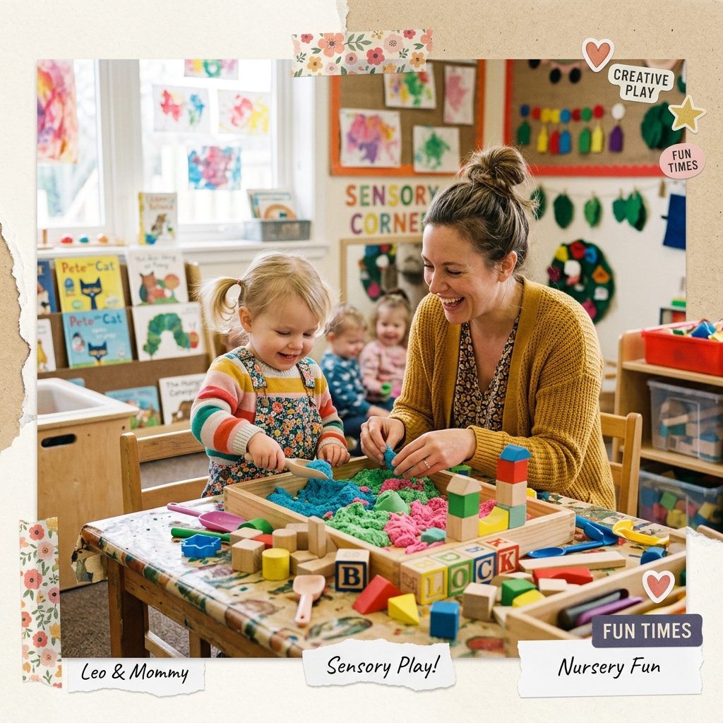 Toddler hands exploring colorful sensory play materials